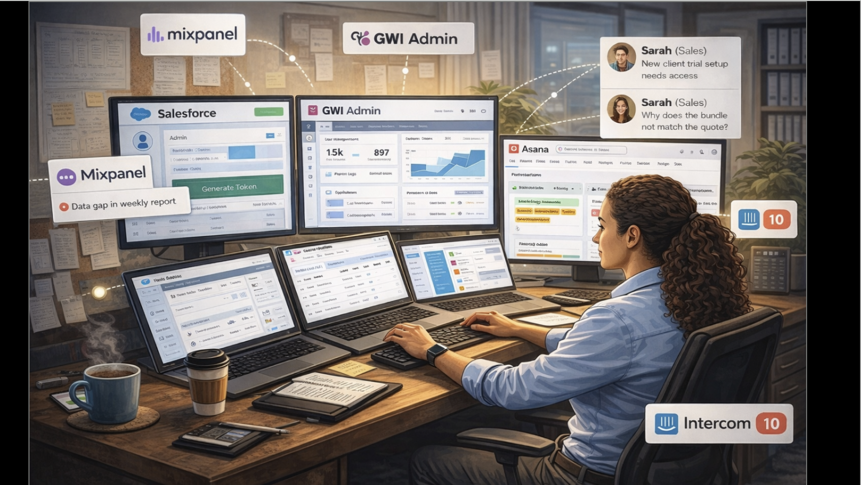 Illustration: employee at a multi-screen desk managing GWI Admin, Salesforce, Asana, and incoming messages; framing product experience workload.